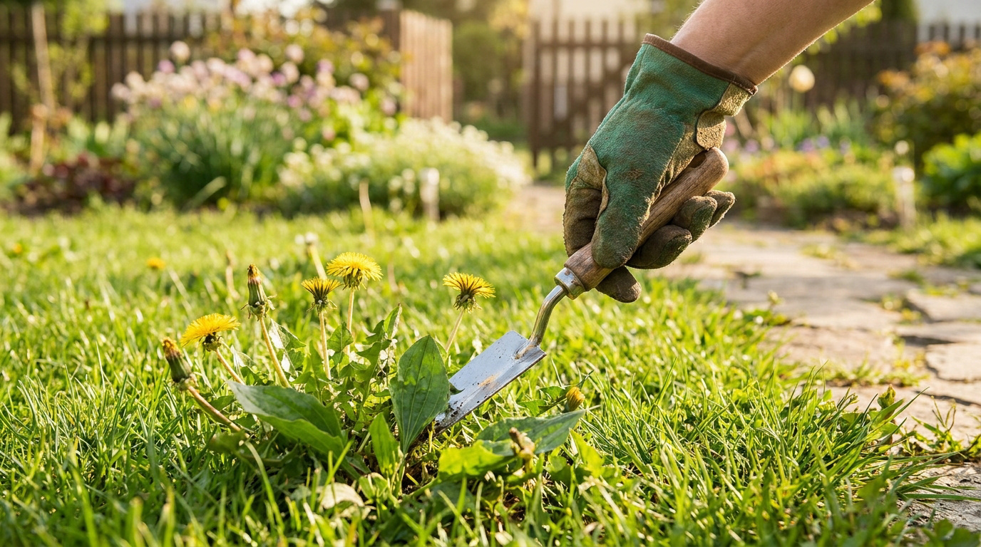 Une main gantée utilisant une petite pelle de jardin pour déterrer des pissenlits dans une pelouse ensoleillée.