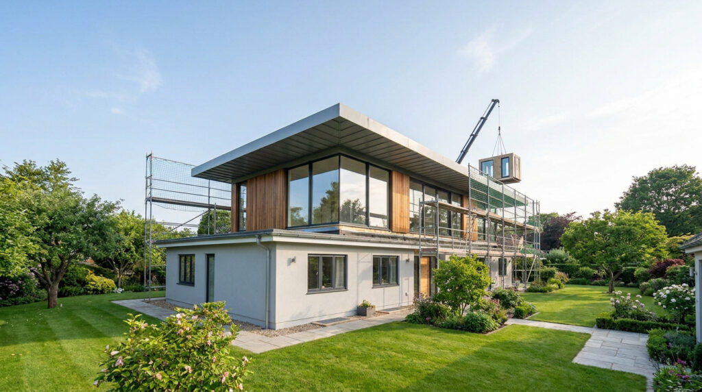 Chantier d'extension d'une maison avec une grue installant un module en bois sur un étage entouré d'échafaudages.