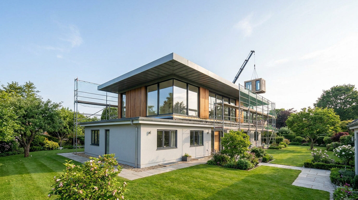 Chantier d'extension d'une maison avec une grue installant un module en bois sur un étage entouré d'échafaudages.