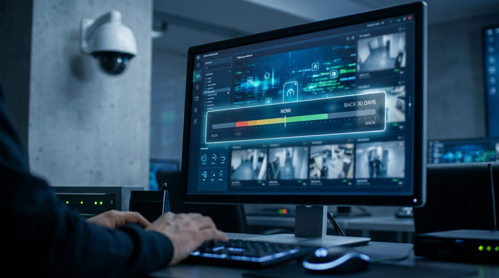 Opérateur utilisant une interface de vidéosurveillance affichant une ligne temporelle de 30 jours sur un écran.
