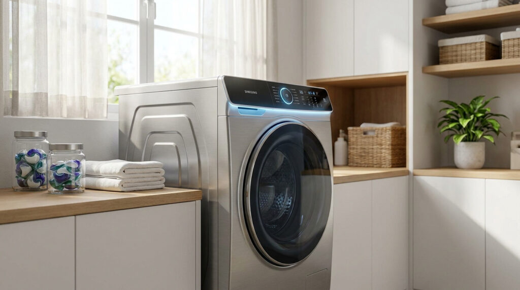 Lave-linge moderne en inox avec écran tactile dans une buanderie lumineuse et organisée.