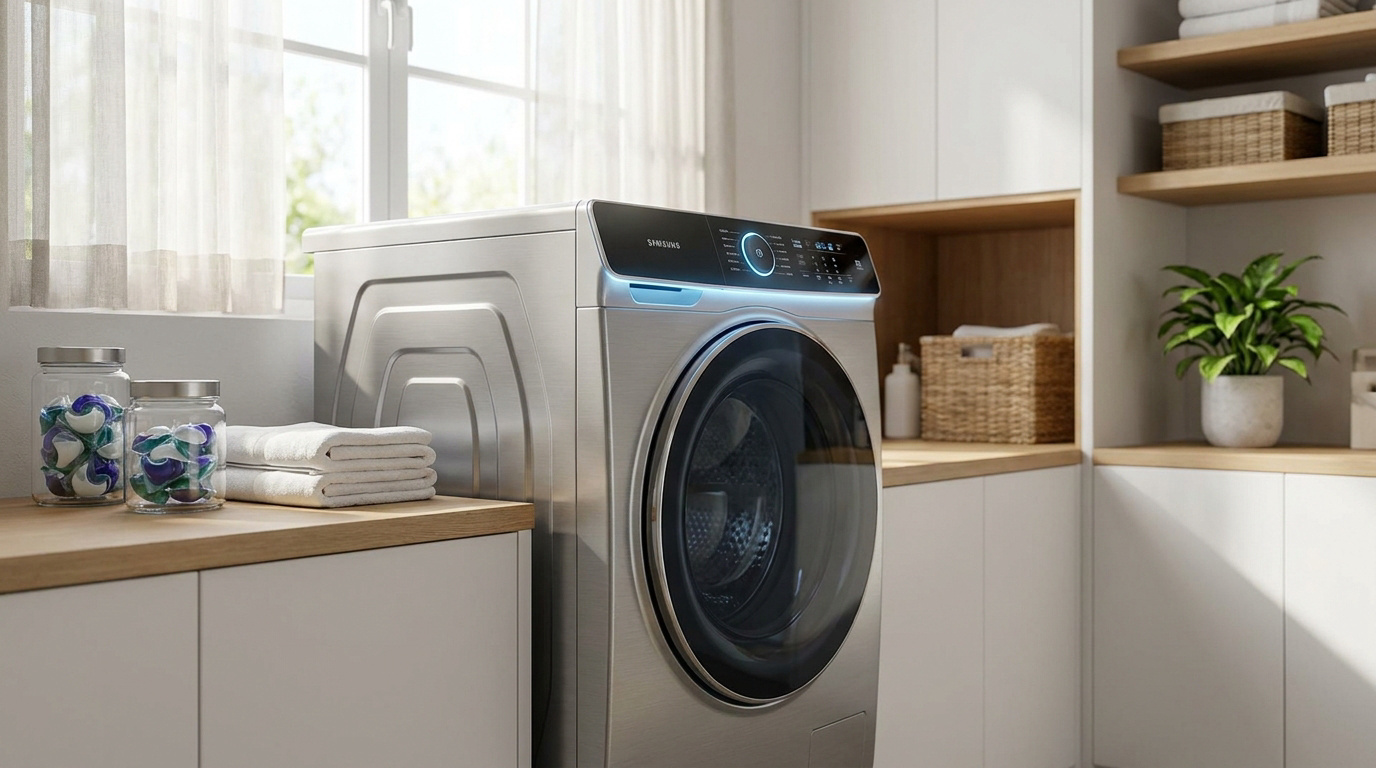 Lave-linge moderne en inox avec écran tactile dans une buanderie lumineuse et organisée.