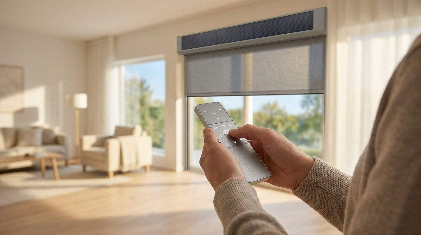 Personne utilisant une télécommande pour contrôler un volet roulant solaire dans un salon moderne.