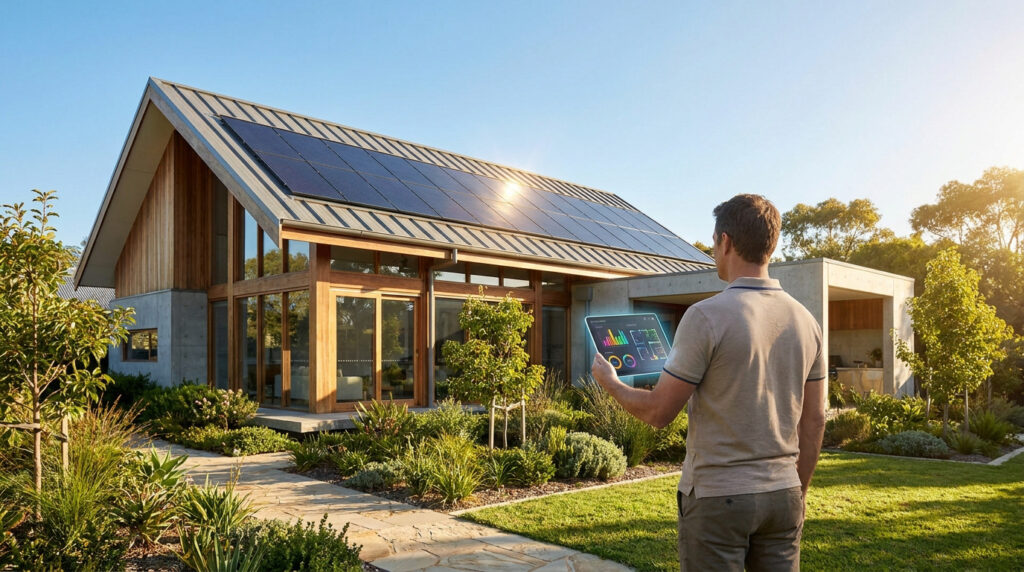 Homme tenant une tablette affichant des données énergétiques devant une maison moderne équipée de panneaux solaires.