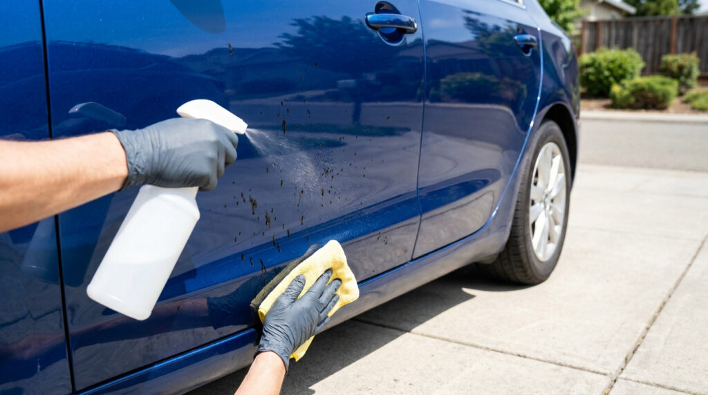 Mains avec gants nettoyant des taches de goudron sur la portière d'une voiture bleue à l'aide d'un spray et d'un chiffon.