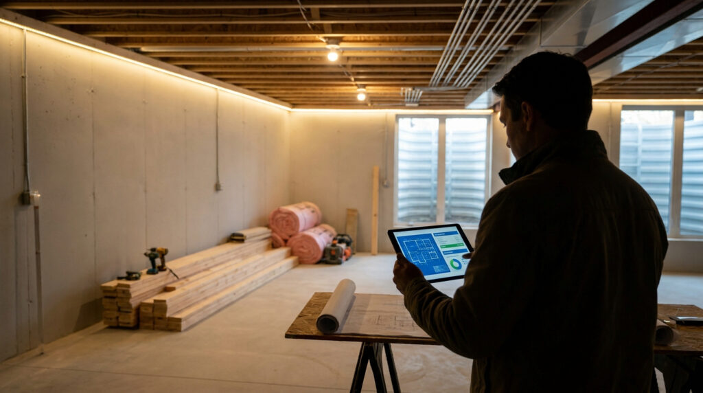 Un entrepreneur consulte une tablette numérique dans un sous-sol en cours de rénovation avec des matériaux de construction.