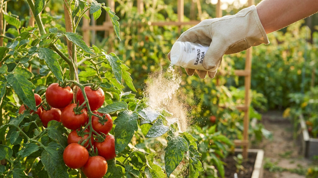 Main gantée saupoudrant du bicarbonate de soude sur des plants de tomates mûres dans un potager ensoleillé.