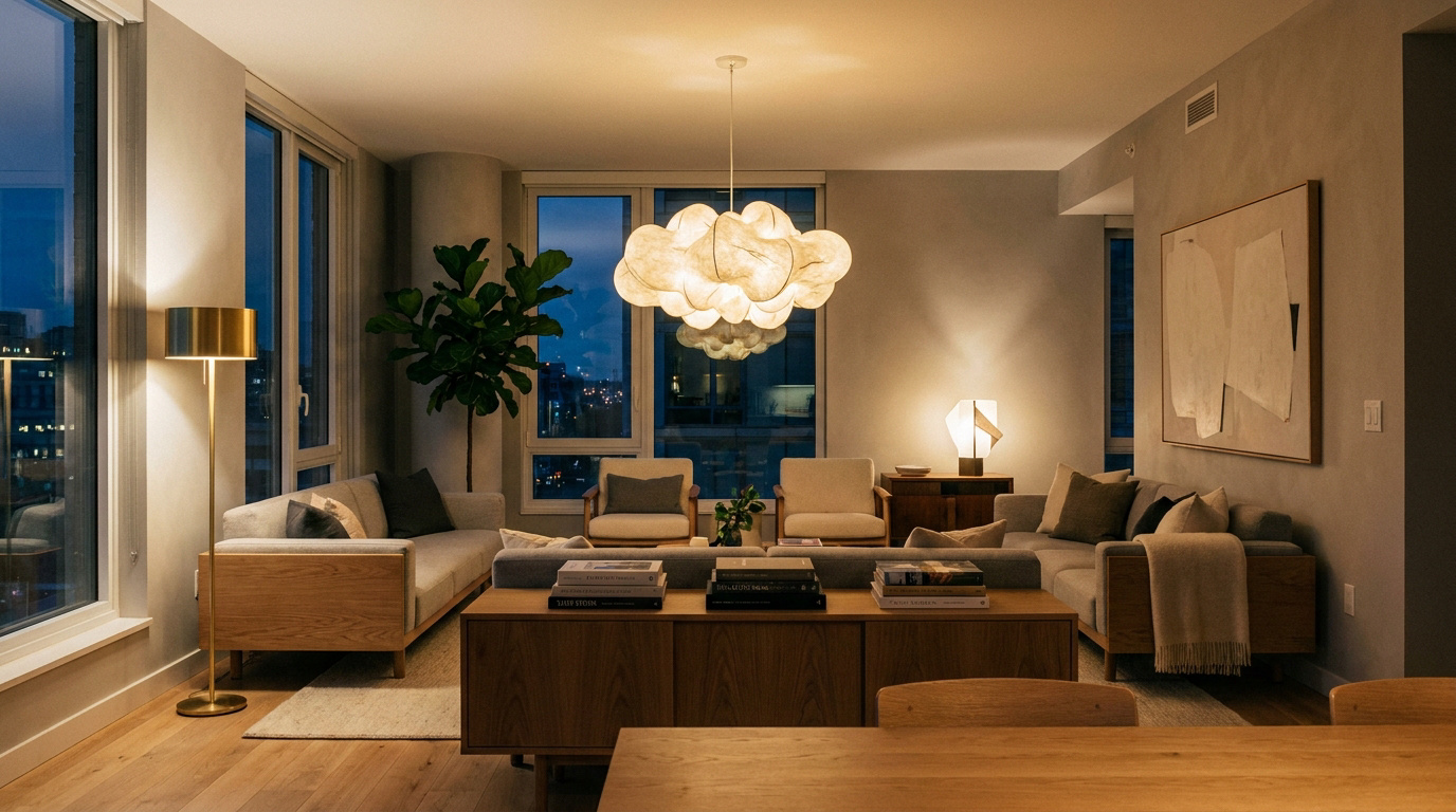 Un salon moderne et chaleureux éclairé par une suspension en forme de nuage et une lampe dorée sur pied.