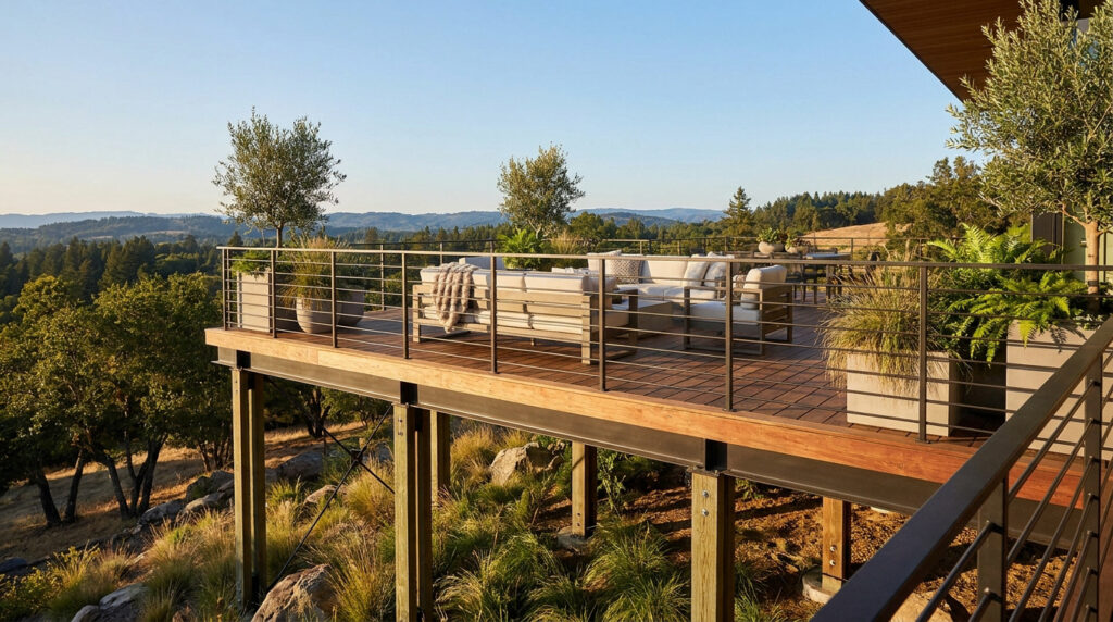 Terrasse surélevée en bois avec salon de jardin moderne et vue panoramique sur une vallée forestière.