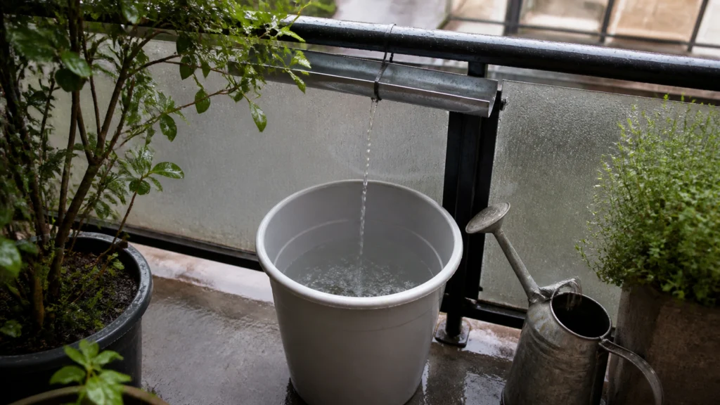Illustration éditoriale pour l’article « Comment récupérer l'eau de pluie sur un balcon efficacement »