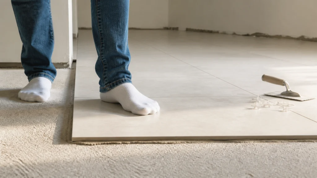 Illustration éditoriale pour l’article « Quand et comment marcher sur votre carrelage après la pose »