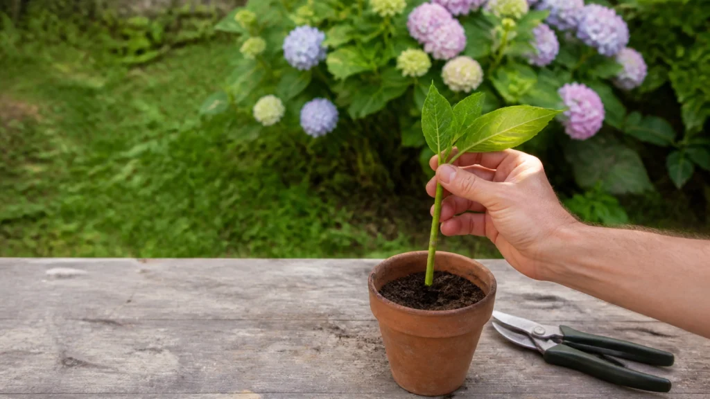 Illustration éditoriale pour l’article « Quand bouturer un hortensia pour réussir vos jeunes plants »