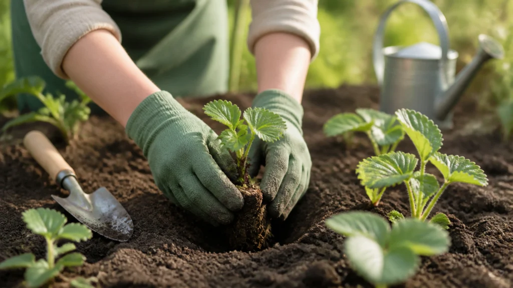 Illustration éditoriale pour l’article « Réussir la plantation de vos fraisiers au printemps »