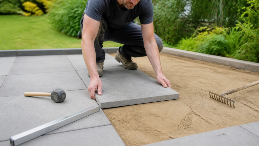 Illustration éditoriale pour l’article « Réussir la pose de votre terrasse en dalles sur sable »
