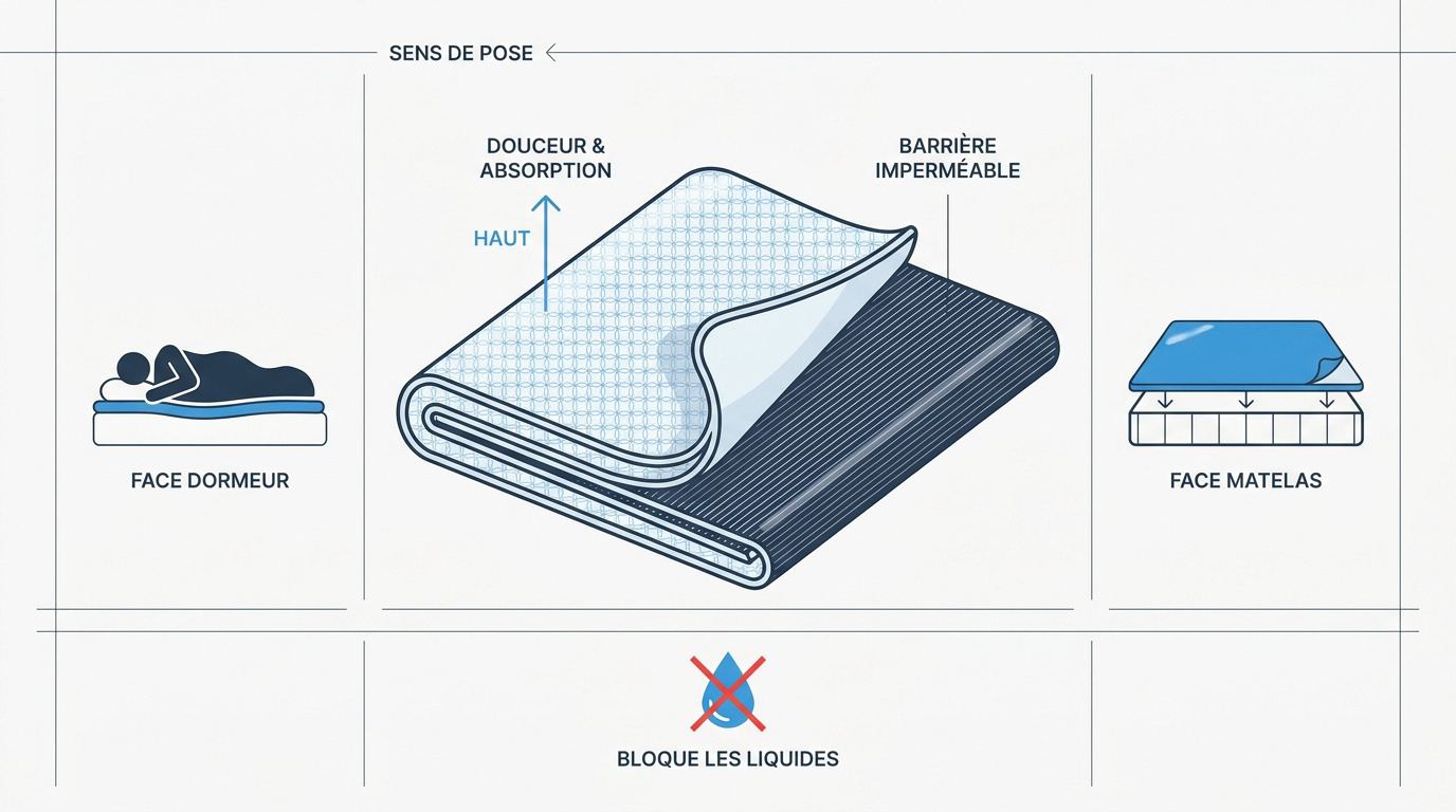Alèse de lit avec face en coton doux et membrane imperméable en polyuréthane