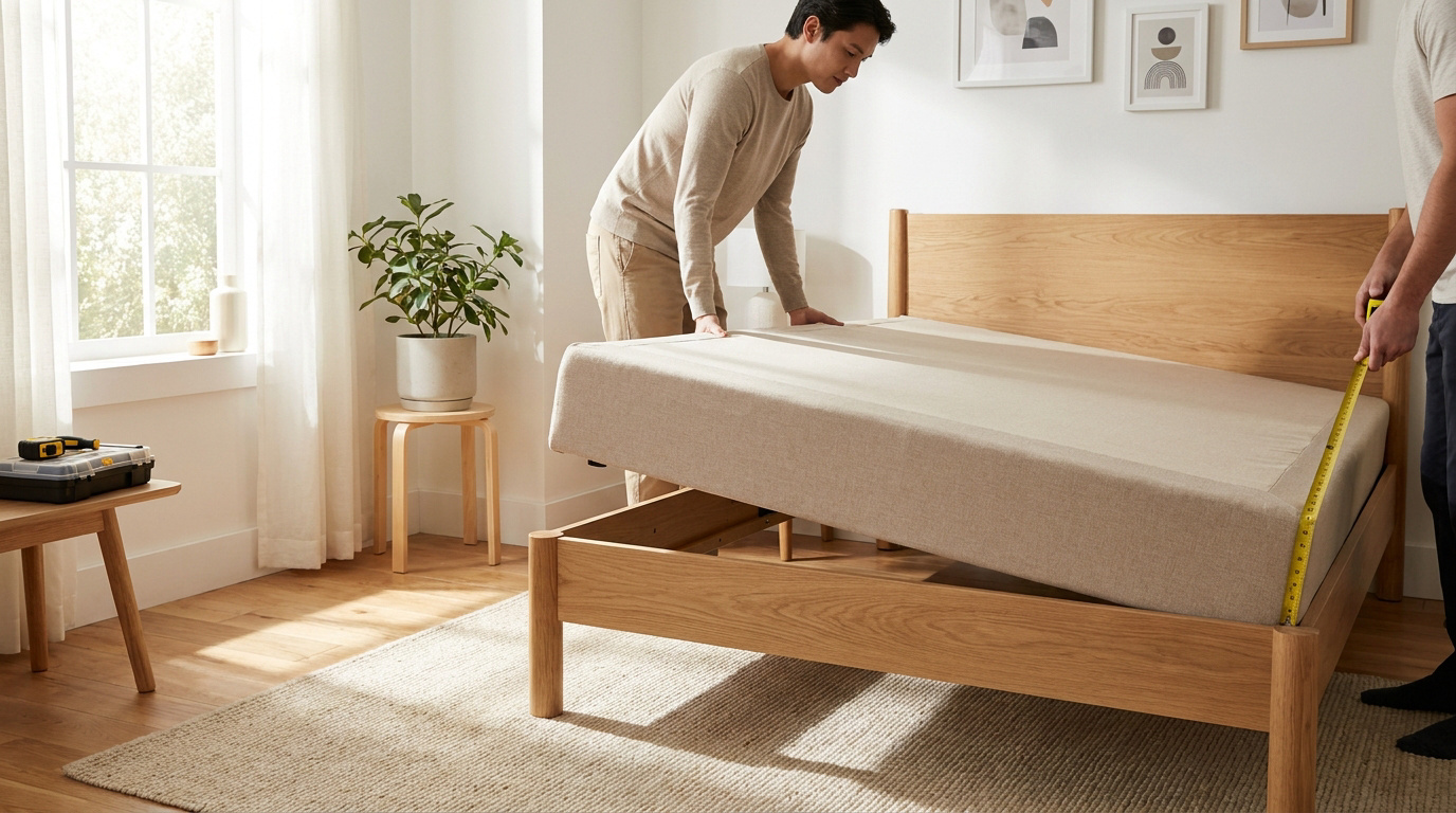 Deux personnes installent un sommier tapissier beige dans un cadre de lit en bois clair tout en prenant des mesures.