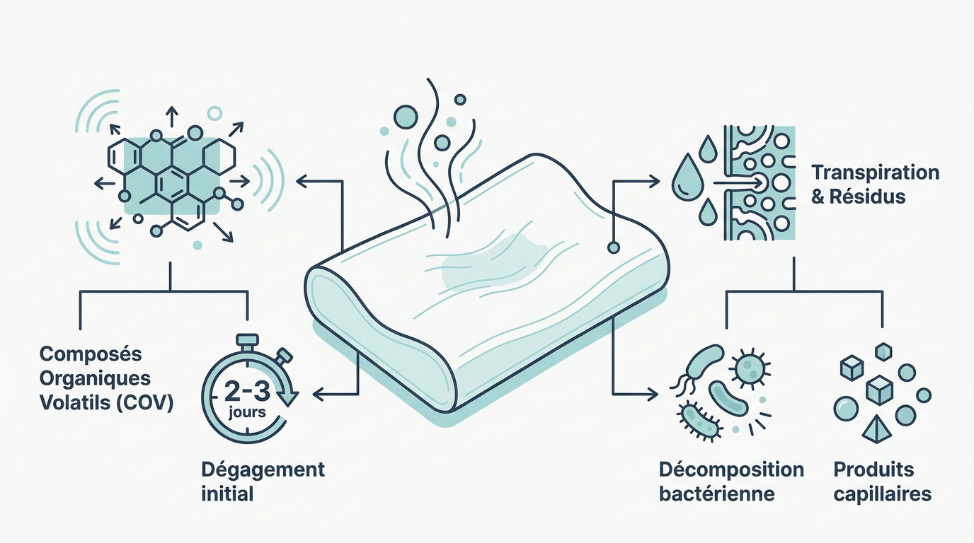 Schéma expliquant l'accumulation d'humidité et de bactéries dans la mousse à mémoire de forme