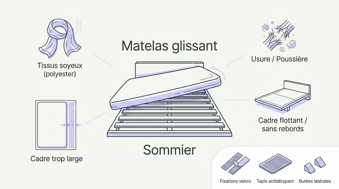 Illustration des causes et solutions pour stabiliser un matelas qui glisse sur son sommier