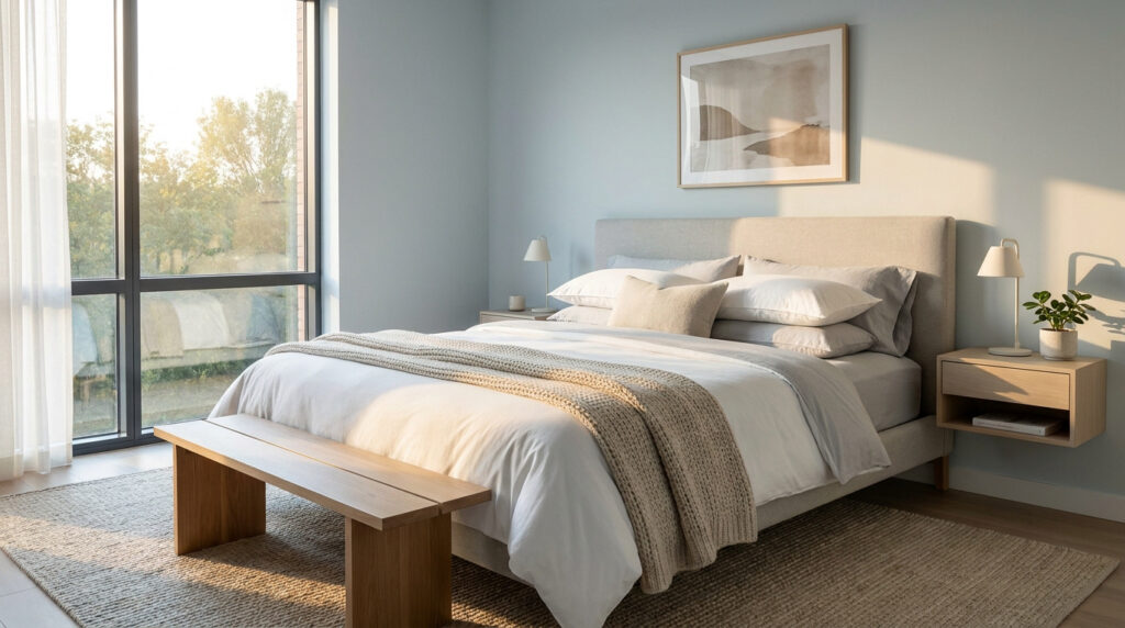 Chambre lumineuse avec un lit king size confortable, un banc en bois et une décoration minimaliste aux tons naturels.