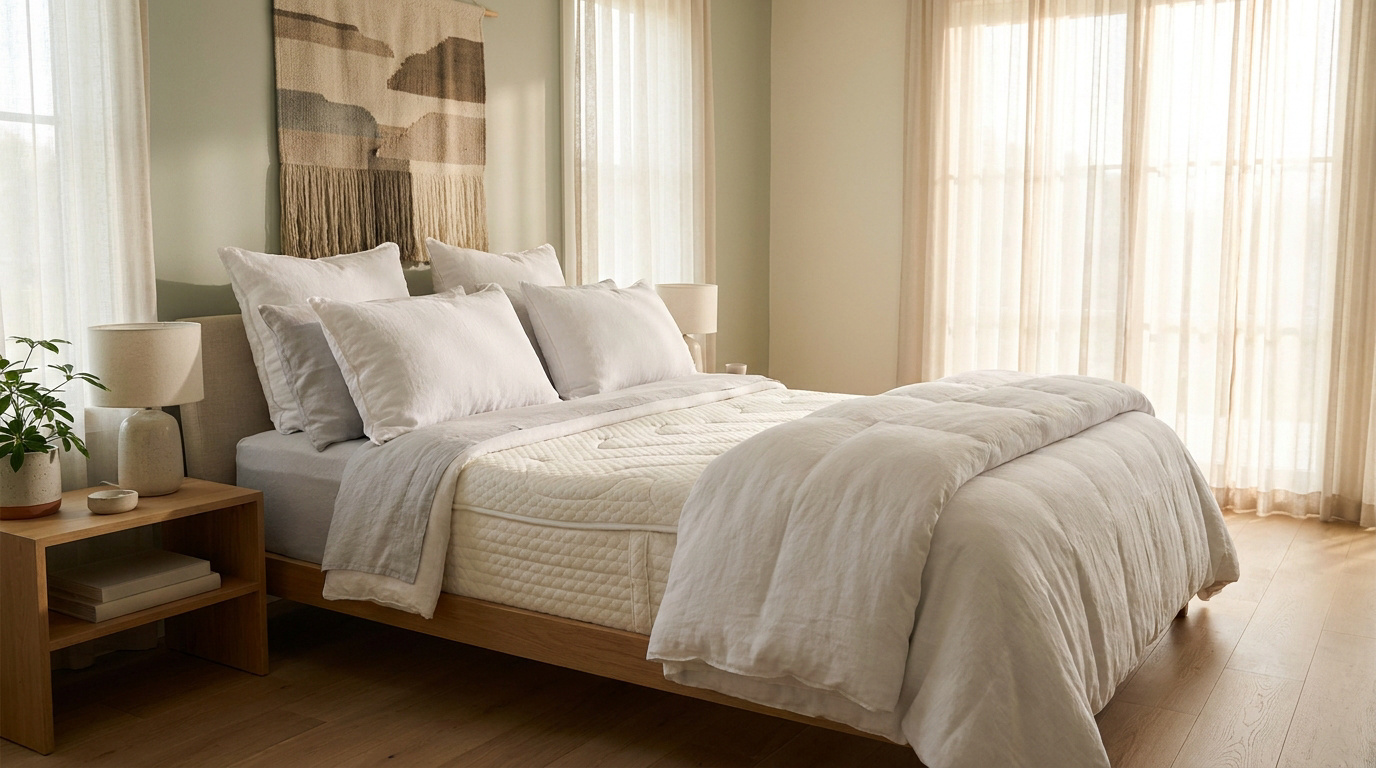 Une chambre lumineuse et apaisante avec un lit confortable doté d'un matelas blanc et d'une parure en lin.