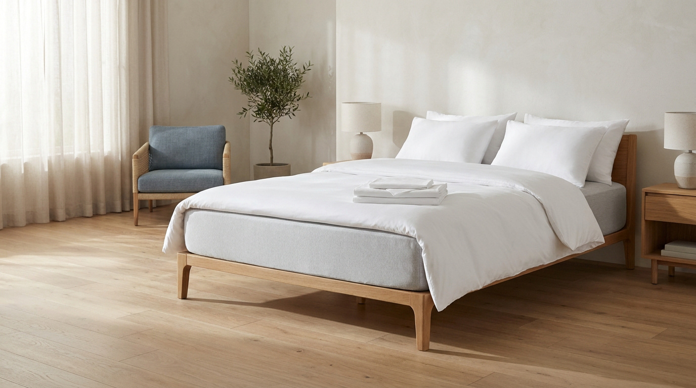 Une chambre lumineuse et minimaliste avec un lit en bois, des draps blancs, un fauteuil bleu et une petite plante.
