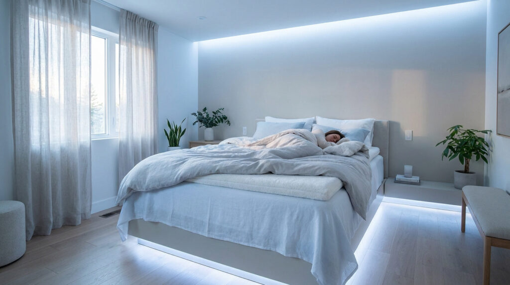 Une personne dort paisiblement dans une chambre moderne et lumineuse équipée d'un sur-matelas climatisé confortable.