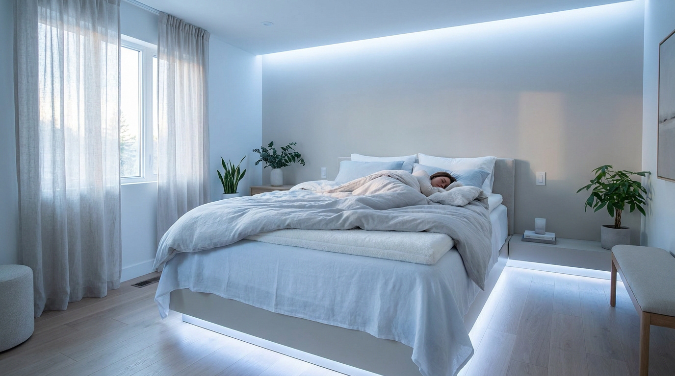 Une personne dort paisiblement dans une chambre moderne et lumineuse équipée d'un sur-matelas climatisé confortable.