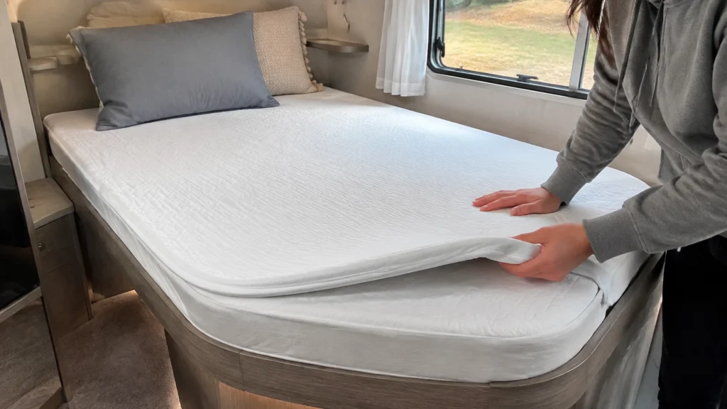 Illustration éditoriale pour l’article « Choisir le meilleur surmatelas sur mesure pour camping-car »