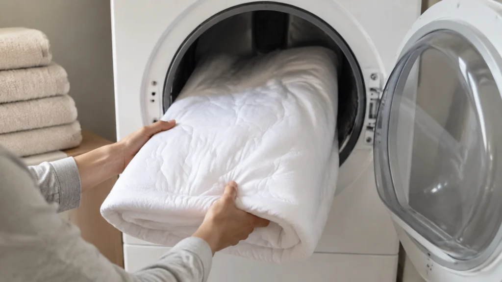 Illustration éditoriale pour l’article « Comment bien utiliser votre protège-matelas au sèche-linge »