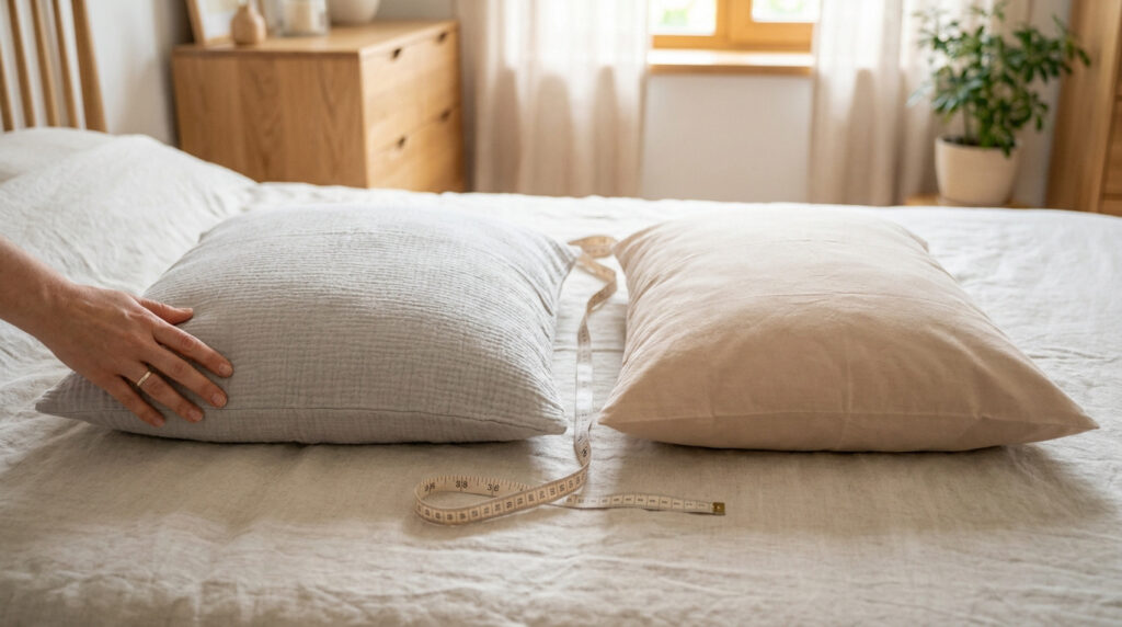 Une main mesure deux oreillers de tailles différentes posés sur un lit avec un mètre ruban.