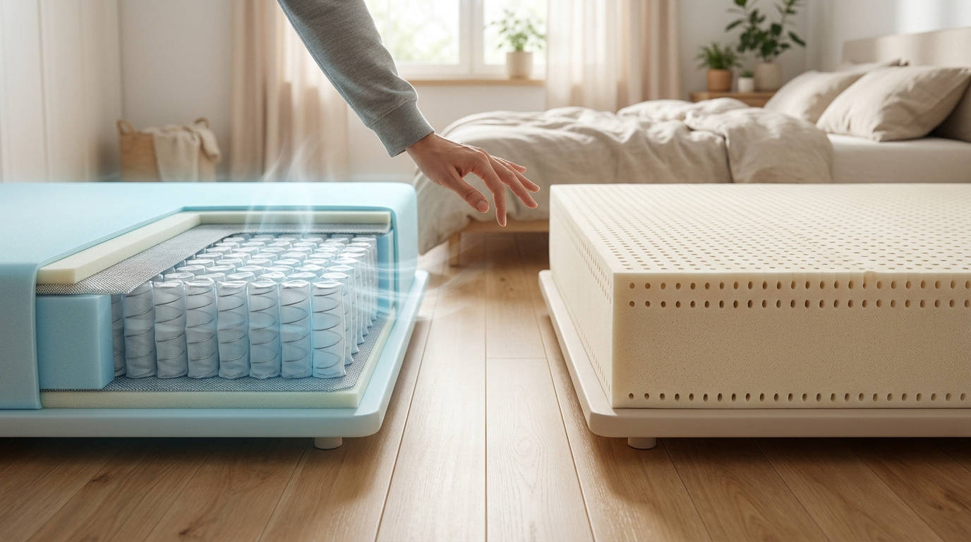 Comparaison entre un matelas à ressorts ensachés et un matelas en latex dans une chambre lumineuse.