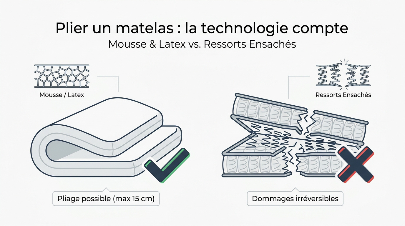 Comparaison entre le pliage d'un matelas en mousse et un matelas à ressorts
