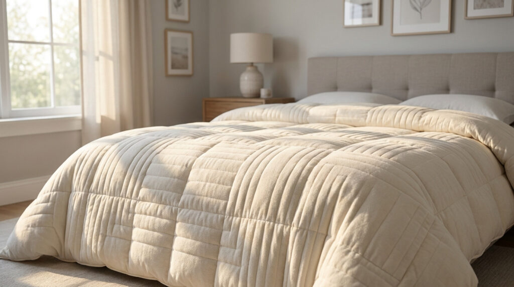 Couette beige texturée avec un piquage en lignes droites sur un lit douillet dans une chambre lumineuse.