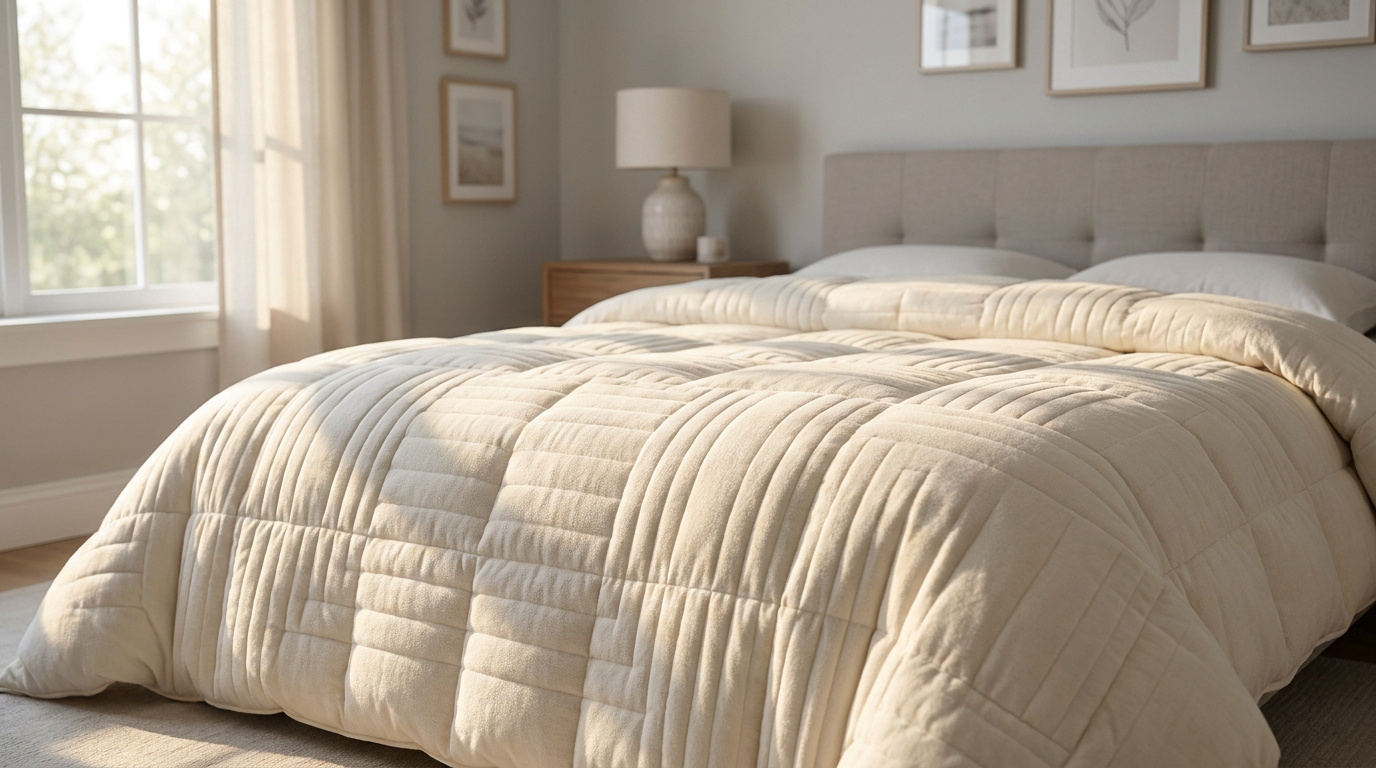 Couette beige texturée avec un piquage en lignes droites sur un lit douillet dans une chambre lumineuse.