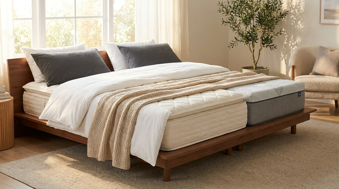 Deux matelas distincts posés côte à côte sur un grand sommier en bois dans une chambre lumineuse et moderne.