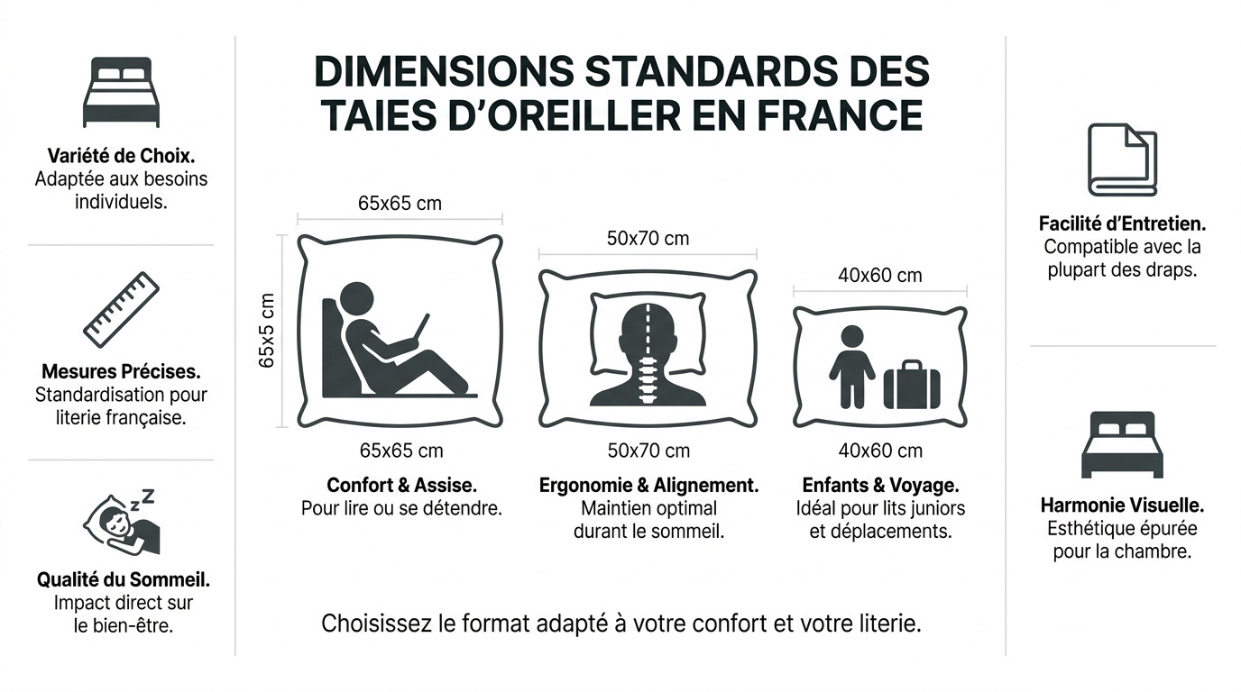 Tableau des dimensions standards pour taies d'oreiller carrées et rectangulaires