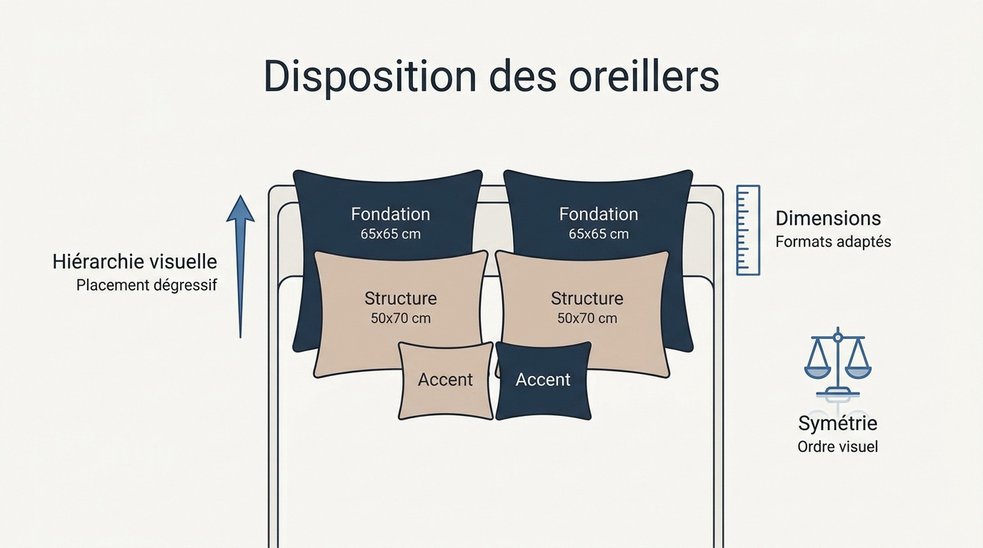 Disposition symétrique et élégante d'oreillers sur un lit de luxe