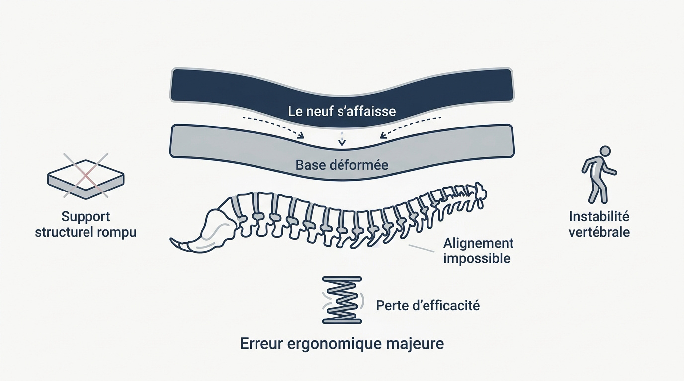 Schéma illustrant l'affaissement d'un matelas neuf superposé sur une base usée
