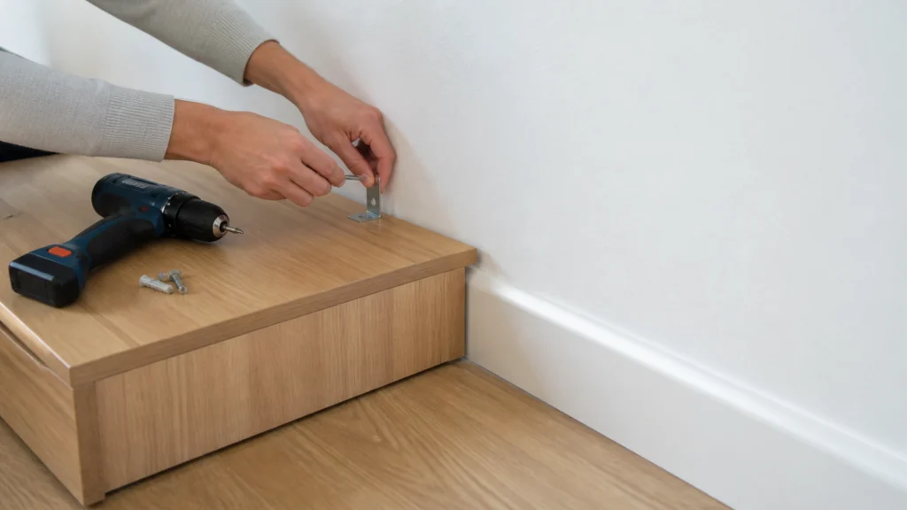 Illustration éditoriale pour l’article « Comment fixer un meuble au mur avec plinthe sans risque »