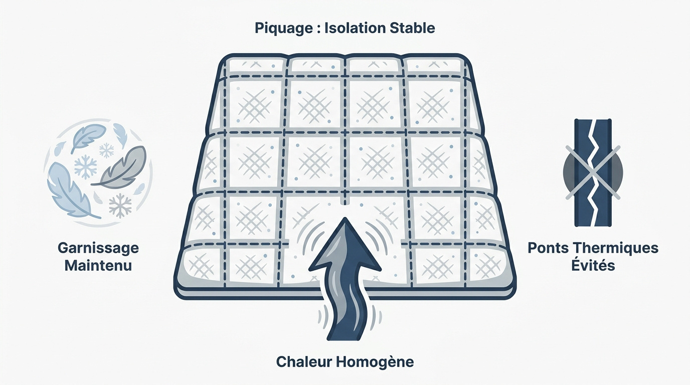 Infographie expliquant l'impact du piquage sur l'isolation thermique et le confort d'une couette