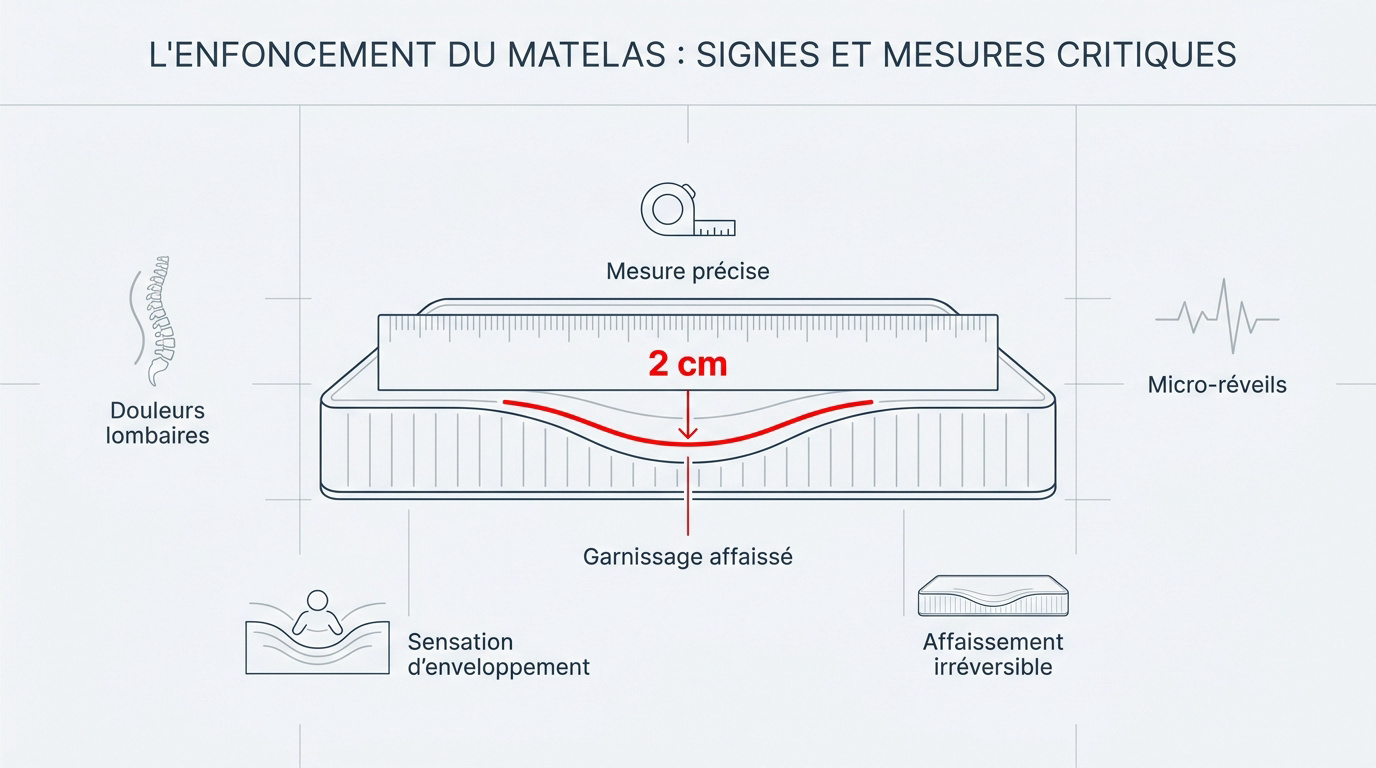 Mesure de l'enfoncement d'un matelas avec une règle et un mètre ruban pour vérifier l'affaissement