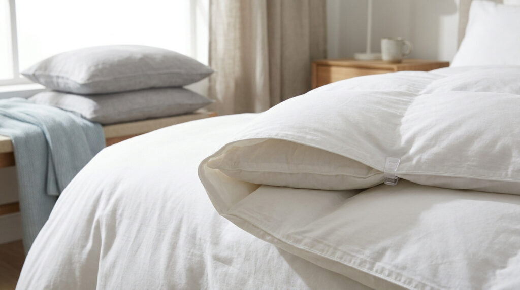 Une couette blanche fixée à sa housse avec une pince en plastique transparente sur un lit bien fait.