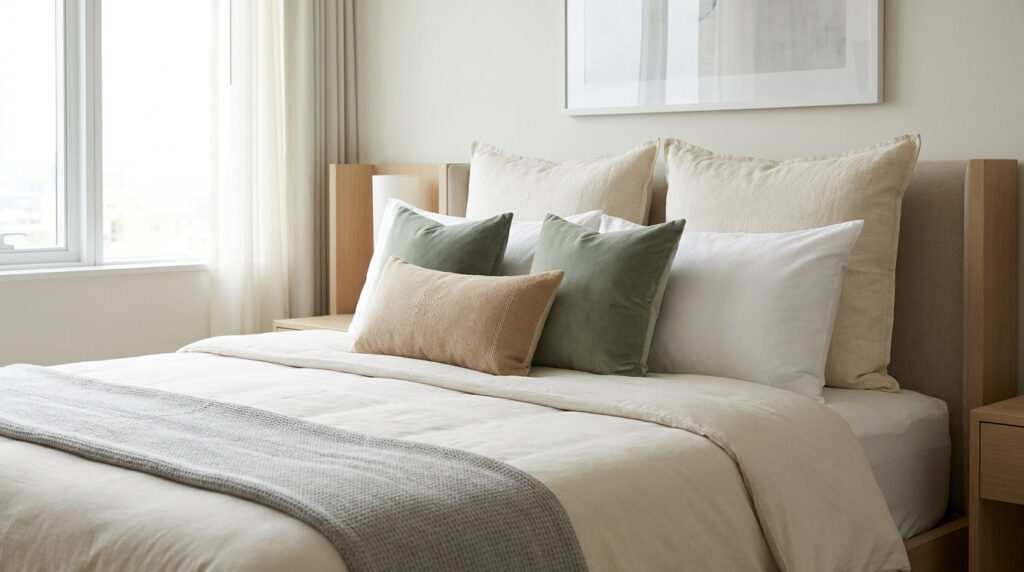 Lit moderne avec des oreillers en lin beige, vert sauge et un coussin texturé dans une chambre lumineuse.