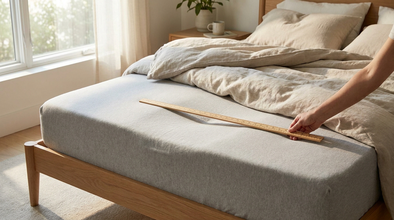 Une main utilise une règle en bois pour mesurer le creux ou l'enfoncement à la surface d'un matelas.