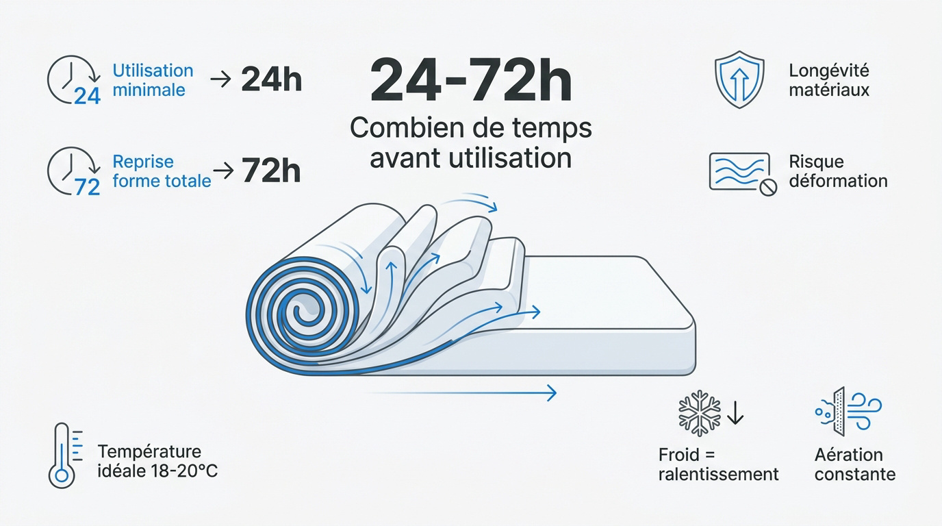 Matelas en cours de décompression après déballage pour illustrer le délai d'attente