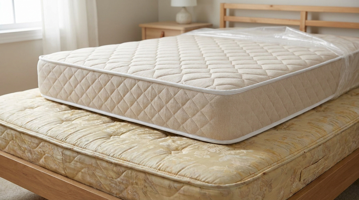 Un matelas neuf emballé dans du plastique est posé sur un vieux matelas usé sur un cadre de lit en bois.