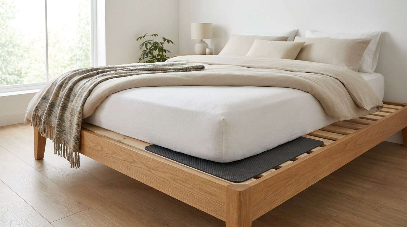 Matelas blanc sur un sommier en bois avec un tapis antidérapant noir placé entre les deux pour éviter qu'il ne glisse.