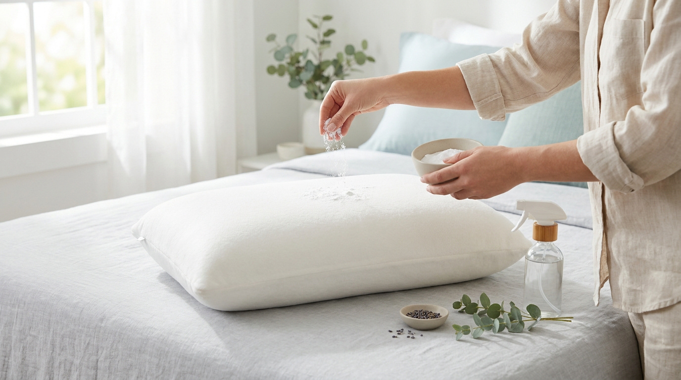 Une personne saupoudre du bicarbonate sur un oreiller à mémoire de forme posé sur un lit.