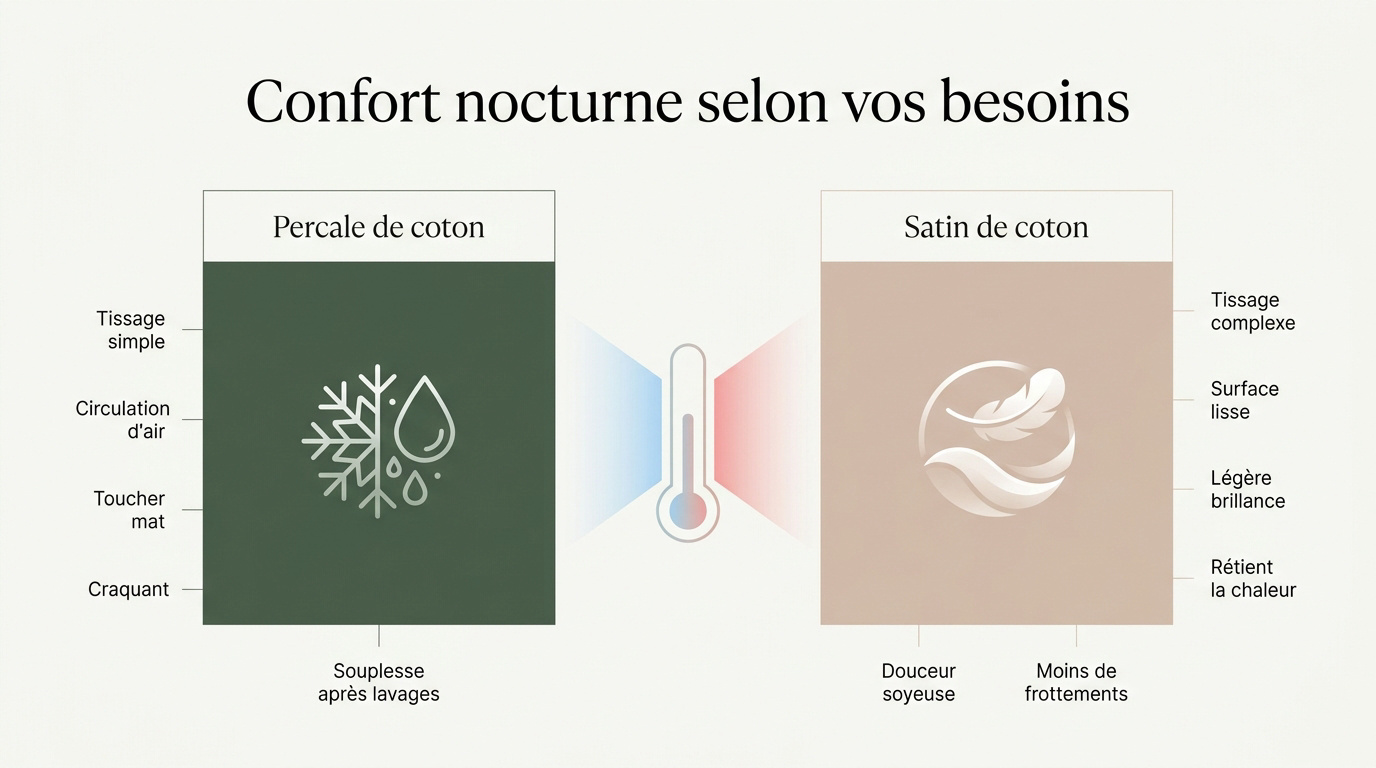 Comparaison visuelle entre le tissage de la percale et du satin de coton pour le linge de lit
