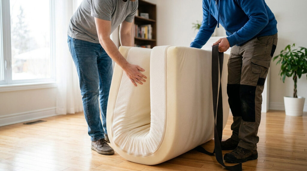 Deux hommes plient un matelas en mousse en deux pour faciliter son transport à l'intérieur d'une maison.